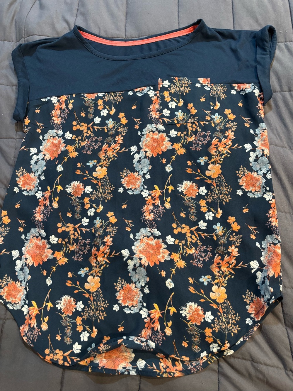 Rewind Navy Floral Cap-Sleeve Blouse with Orange Accents